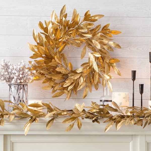 Antiqued Gold Bay Leaf Christmas Holiday Front Door Wreath