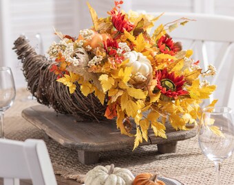 Flame Sunflower, Orange Pumpkin & Yellow Cimicifuga Ramose Leaf Fall Thanksgiving Cornucopia Medium Centerpiece Basket