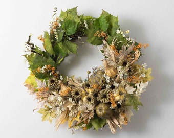 Farm Fields Fall Harvest Sage Front Door Pumpkin Wreath