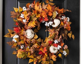 Fall Celebrations Pumpkins, Gourds, Pinecone & Cotton Front Door Thanksgiving Wreath