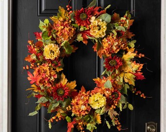 Flame Sunflower, Salmon Hydrangea & Yellow Cosmo Faux Floral Fall Front Door Wreath