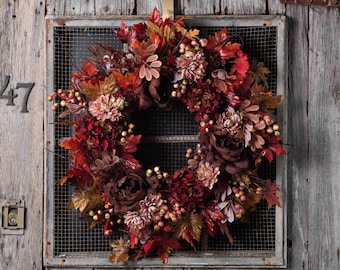 Mocha Peony, Burgundy Hydrangea & Blush Chrysanthemum Faux Floral Front Door Fall Wreath