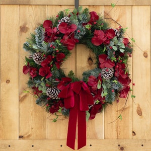 Burgundy Red Orchid & Snowy Mixed Pine, Berry Branch Draped Velvet Bow Holiday Christmas Wreath