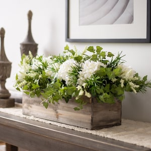 White Hydrangea, Astilbe & English Ivy Everyday Spring Summer Faux Floral Centerpiece Arrangement in Wood Planter Box