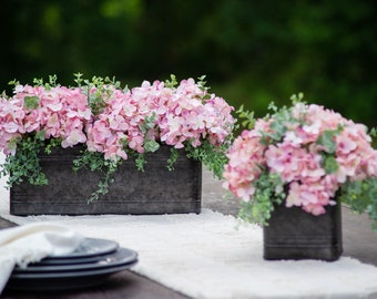 Light Pink Hydrangea & Mixed Eucalyptus Everyday Floral Arrangement Centerpiece in Metal Tin Window Planter Box - 3 Size Options