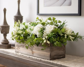 White Hydrangea, Astilbe & English Ivy Everyday Spring Summer Faux Floral Centerpiece Arrangement in Wood Planter Box
