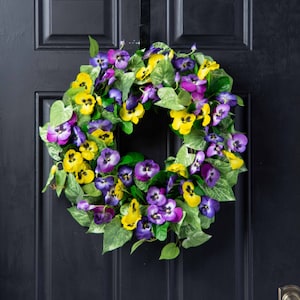 Pansy Perfection - Mixed Yellow & Purple Pansy Spring Summer Front Door Wreath