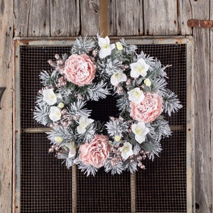 Snow Kissed Pink Peony, Metallic Tinsel Berry, White Hellebores & Flocked Pine Winter Valentine's Day Wreath image 1