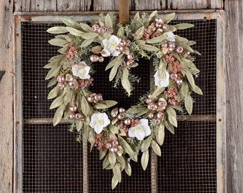 Gilded Enchantment - Metallic Bay Leaf, Pink Glitter Berry, Rose Gold Baby's Breath Heart Shaped Wreath