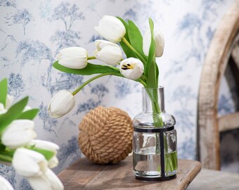 Real Touch Tulip Bundle Spring Water Illusion Arrangement in Industrial Bottle Glass Vase - Available in Multiple Colors