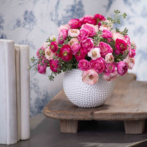 Mixed Pink & Fuchsia Mini Ranunculus Faux Flower Valentine Spring Arrangement in White Hobnail Ceramic Vase