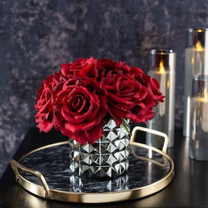 Deep Red Diana Silk Rose Valentine's Everyday Spring Faux Flower Arrangement in Studded Ceramic Gunmetal Vase