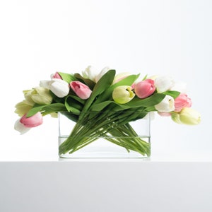 Real Touch Green, White & Pink Mixed Tulip Spring Summer Faux Floral Water Illusion Arrangement in Oval Glass Vase image 3