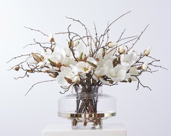 Magnolia Blooms & Branches In Large Modern Saucer Style Vase Everyday Spring Water Illusion Arrangement - Available In 4 Color Options