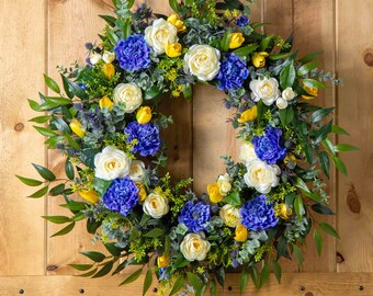 Blue Scabosia, Cream Camelia & Yellow Tulip Front Door Spring Summer Wreath