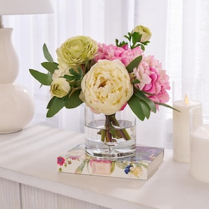 Real Touch Cream Peony, Pink Hydrangea, Green Ranunculus & Seeded Eucalyptus Everyday Floral Arrangement in Glass Vase