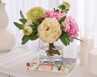 Cream Peony & Pink Hydrangea Faux Floral Arrangement in Glass Vase