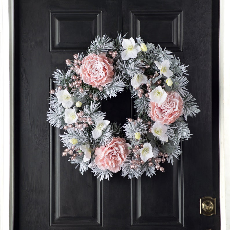 Snow Kissed Pink Peony, Metallic Tinsel Berry, White Hellebores & Flocked Pine Winter Valentine's Day Wreath image 4