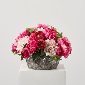 Peony Bouquet - Mixed Pink, Blush & Fuchsia Silk Peonies in Rounded Tin Planter Spring Centerpiece Arrangement