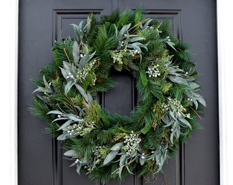 Faux Seeded Eucalyptus & Christmas Pine Winter Front Door Holiday Wreath