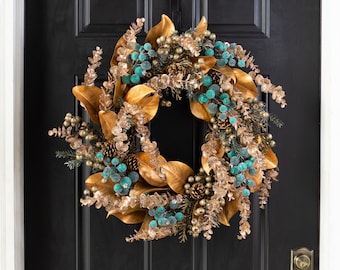 Glitzy Gold & Teal Tidings - Glitter Sequin Eucalyptus Gold Magnolia Leaf and Teal Metallic Berry Christmas Front Door Wreath