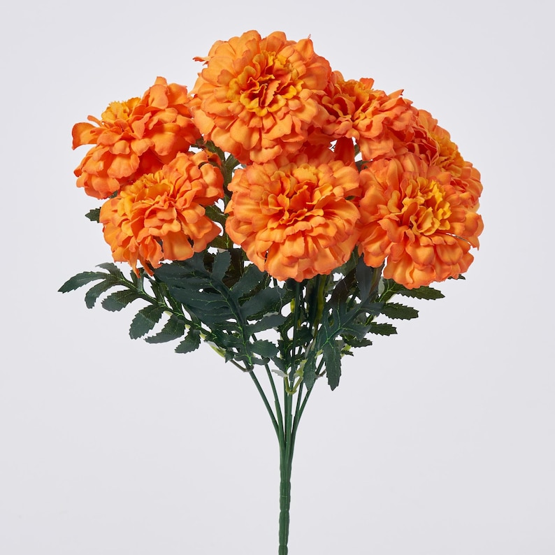 May include: A bouquet of vibrant orange marigold flowers with green leaves and stems. The flowers have multiple layers of petals, creating a full, textured appearance. The marigolds are clustered together, forming a dense floral arrangement.