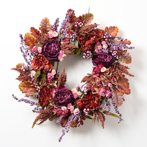 Autumn Beauty - Rust Brown Oak Leaf, Peony, Wine Rose, Purple Berry, Pink Mixed Ranunculus Fall Front Door Wreath
