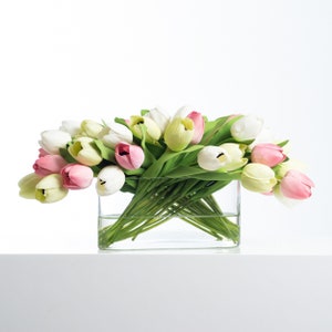 Real Touch Green, White & Pink Mixed Tulip Spring Summer Faux Floral Water Illusion Arrangement in Oval Glass Vase image 5
