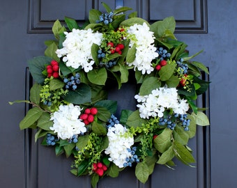 Williamsburg Style Americana Fruit Wreath with Hydrangea, Raspberry & Blueberry Summer Front Door Wreath
