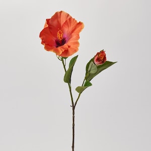 Tropical Orange Hibiscus Spray Bloom & Bud Faux Floral Stem - 26&quot;