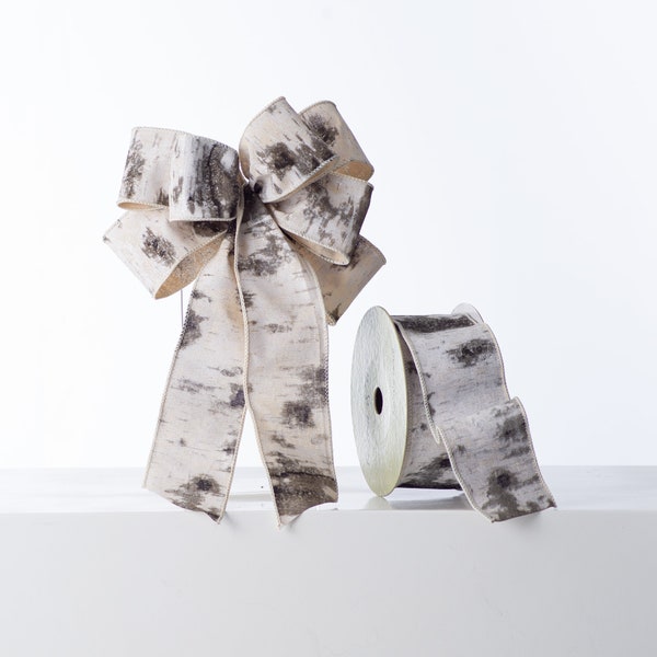 Gray, Black and White Glittered Birch Patterned Hand Tied Loop Bow & Spool of Ribbon