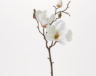 Cream White Magnolia Blossom & Bud Multiple Blooming Branch Stem Spray - 19"