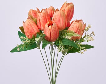 Orange Seide Tulpenblüte & Blattstiel Bouquet Faux Blumenspray - 19 ""