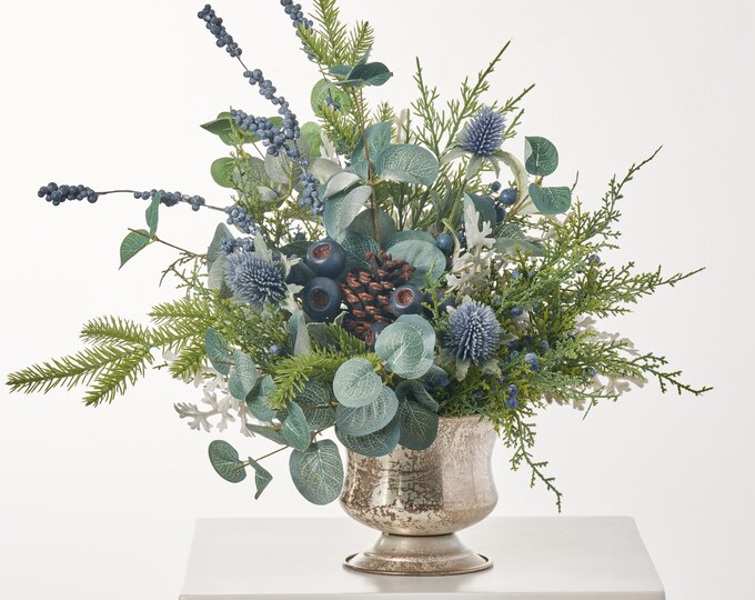 Faux Blue Berry, Eucalyptus & Winter Cedar Arrangement in Small Antiqued Silvertone Urn