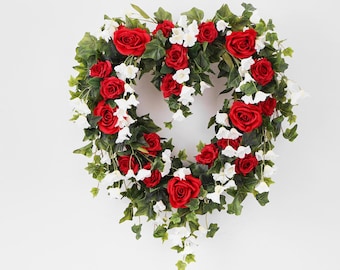 Red Rose, White Bellflower & Ivy Valentine’s Day Heart Wreath