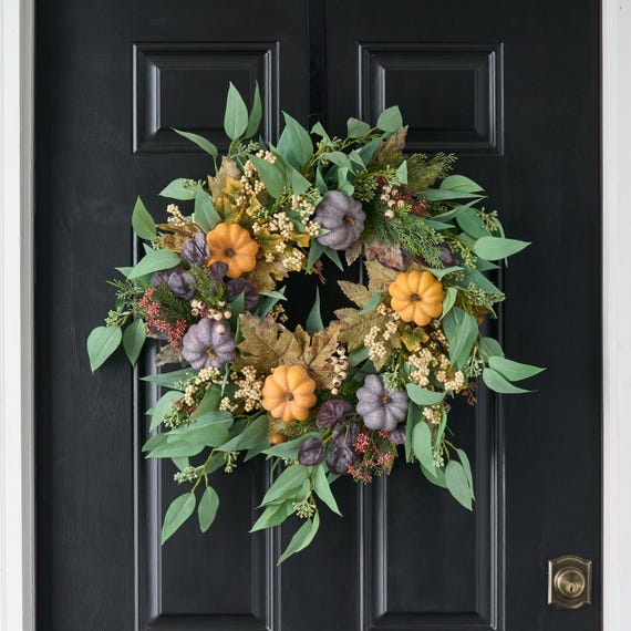 Fall Orange & Purple Pumpkin, Mixed Berry, Needle Leaf Eucalyptus Front Door Autumn Wreath - Etsy