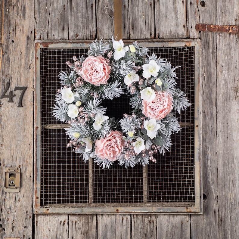 Snow Kissed Pink Peony, Metallic Tinsel Berry, White Hellebores & Flocked Pine Winter Valentine's Day Wreath image 1