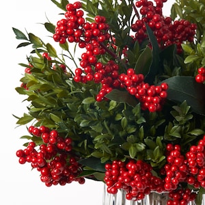 Realistic Boxwood & Red Winter Berry Bush i Rigidi Vase Holiday Christmas Arrangement image 2