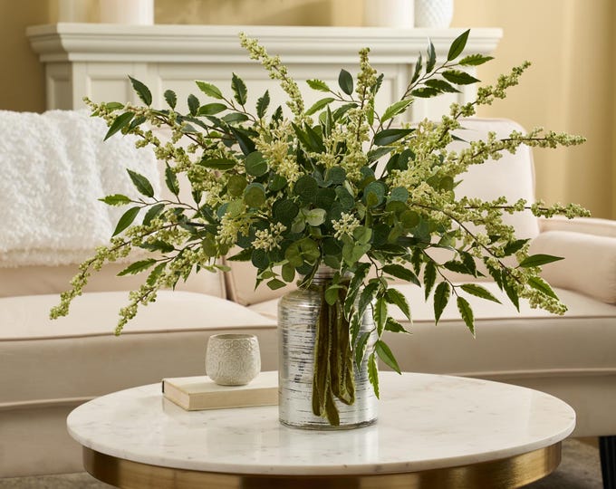 Variegated Smilax, Seeded Eucalyptus & Spring Cluster Berry Mixed Greenery Arrangement in Silver Bottle Vase with Velvet Bow