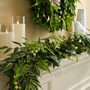 Real Touch Silver Dollar Eucalyptus, Variegated Smilax & Boston Fern Everyday Mantle Garland Table Runner