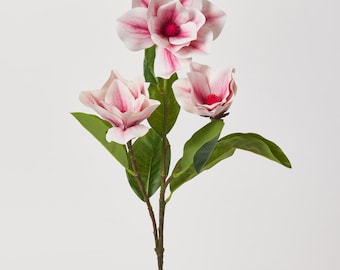 Magnolia grande de tacto real, con múltiples flores, color rosa claro, tallo artificial - 27"
