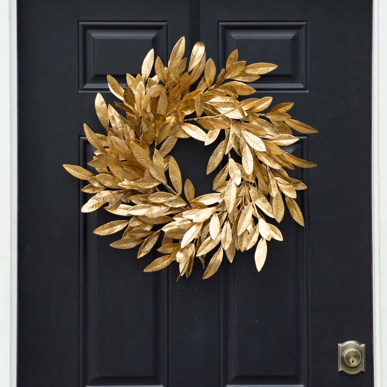 Antiqued Gold Bay Leaf Christmas Holiday Front Door Wreath Etsy