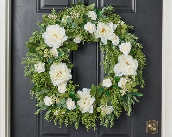 White Peony, White Tea Rose & Myrtle Greenery Everyday Spring Wreath