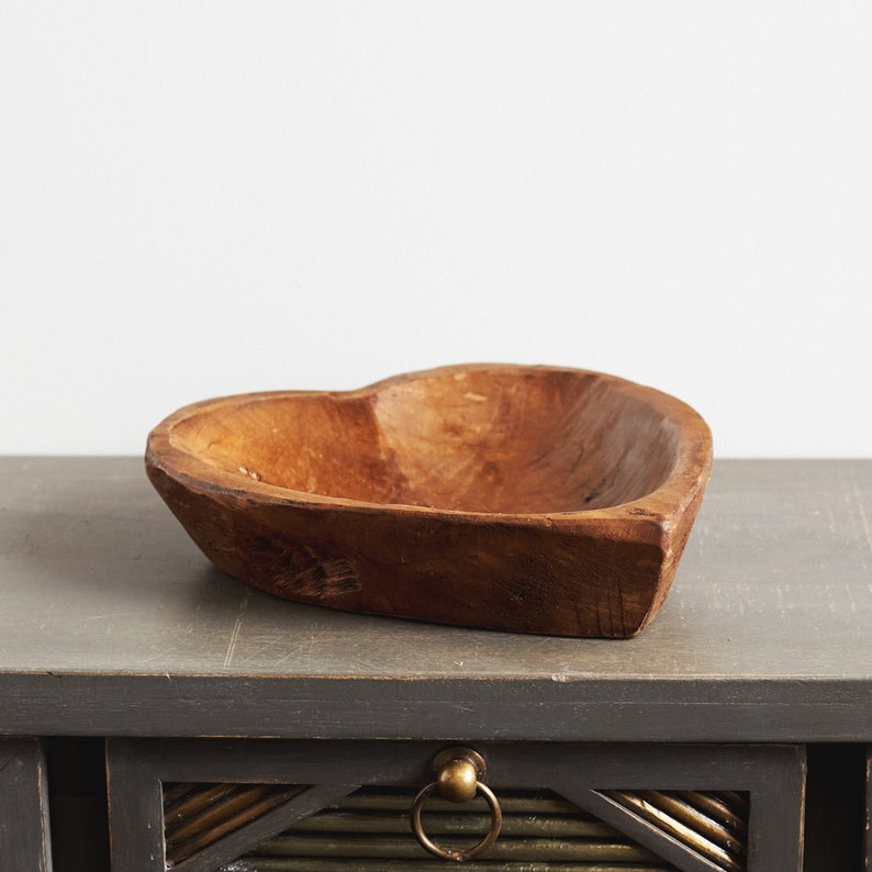 Hand Carved Spanish Oak Wood Heart Shaped Bowl 2 Size Options image 1