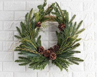 Evergreen Forest Mixed Greens & Pine Cone Holiday Winter Front Door Crest Christmas Wreath