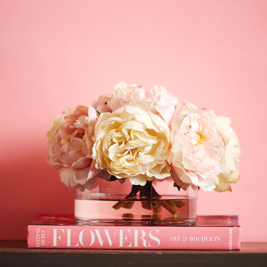 Cream and Blush Real Touch Peony Floral Arrangement in Glass Cylinder