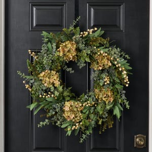 Deluxe Mixed Eucalyptus, Sage Green Hydrangea, Cream Gooseberry & Seeding Wildflower All Seasons Greenery Everyday Front Door Wreath