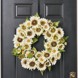 Sunflower Serenade - Mixed Cream & Ivory Sunflower Buds and Blooms Fall Everyday Floral Front Door Wreath