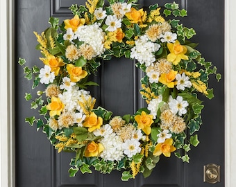 Yellow Daffodil, White Hydrangea, Wild Cosmos & Gum Tree Pods Spring Summer Front Door Wreath