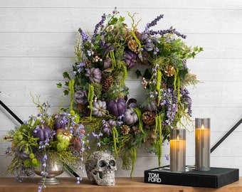 Purple Pumpkin, Plum Berries & Gold Austriaca Pinecones, Grape Ivy Leaf Fall Front Door Wreath